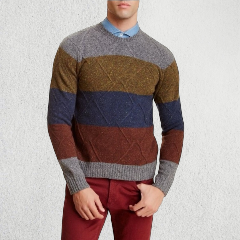CULLEN men’s gray multicolored stripe lambs wool crewneck sweater size large EUC